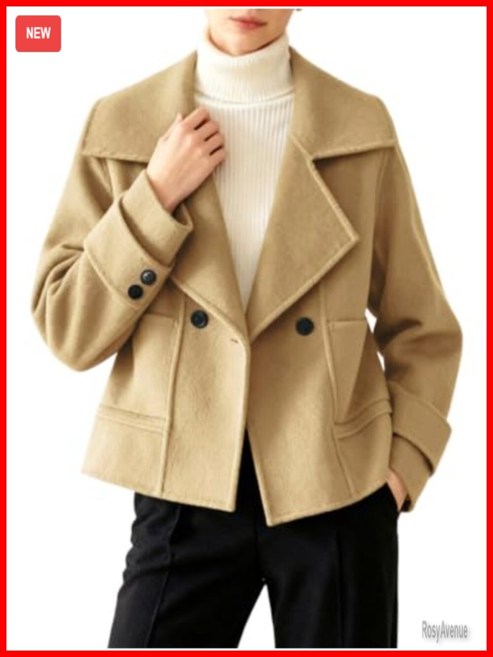 Cropped Wool Pea Coat Notched Lapel Short Peacoat Pockets Slim Fit